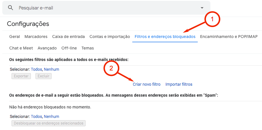 Filtros e endereços bloqueados